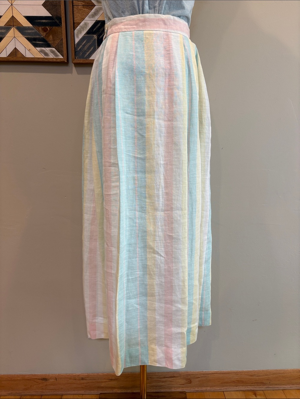 Vintage Tassels & Cuffs Corbin Ltd Striped Pastel Pleated Linen Skirt size Small - Picture 9 of 14